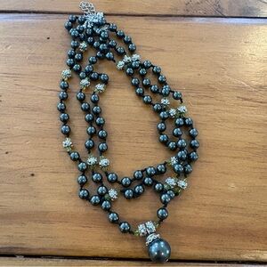 Vintage Multi-Strand Charcoal Gray Beaded Statement Necklace with Drop Pendant